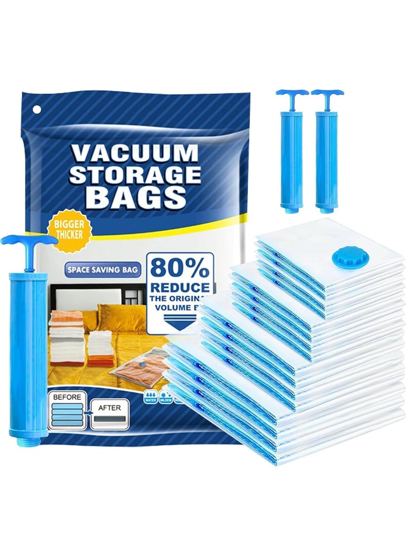 Vacuum Storage Bags - Pack of 12 (2Jumbo/4 Large/4 Medium/2 Pumps) Re-usable Travel Compression Storage Bags For Clothes, Comforters & Blankets - Space Saver Bags with Hand Pump