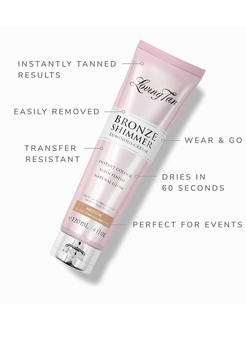 Loving Tan Bronze Shimmer Luminous Cream, Medium - Streak Free, Natural Looking, Instant Sunless Tanner - 6+ Self Tanning Applications per Tube, Cruelty Free - 4 FL Oz