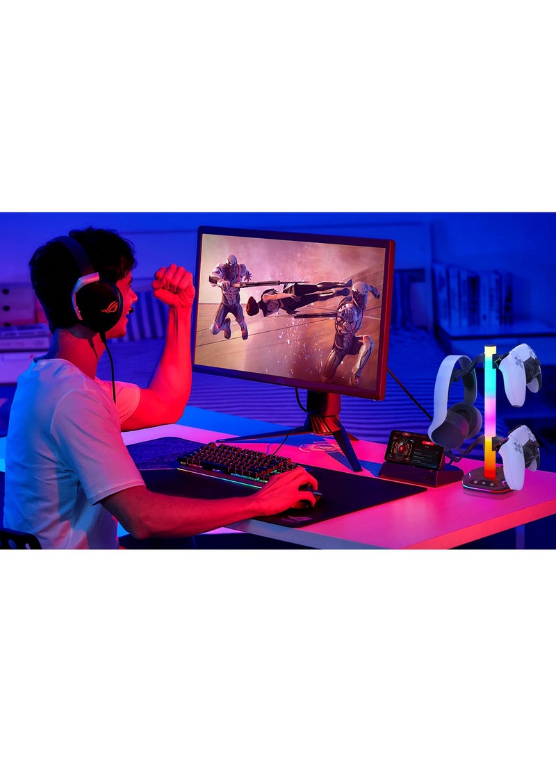 RGB Headphone Stand，Gaming Controller Holder，Desk Gaming Headset Holder with 10 Light Mode 2 USB Charging and 1 Type-C，Memory Feature for Gamers PC Earphone Accessories Desk