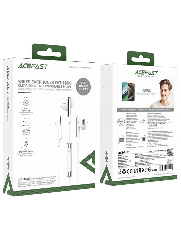 ACEFAST L3 1.2m USB-C Wired Earphone Clear Sound Headphone with Mic Control