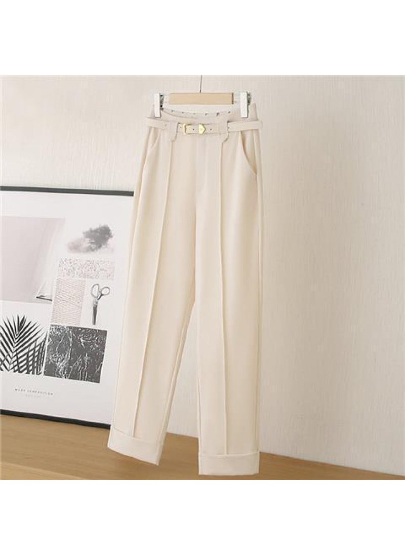 2023 Green High Waist Trousers Casual Slim Fit Creamy-white [belt delivery]]