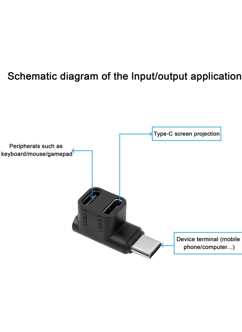 USB C Adapter, Type-C to 2 USB 3.1 USB C PD100W Charging Connector, 90 Degree USB C Male to Dual USB-C Female Adapter for Smartphone Laptop Tablet Steam Deck