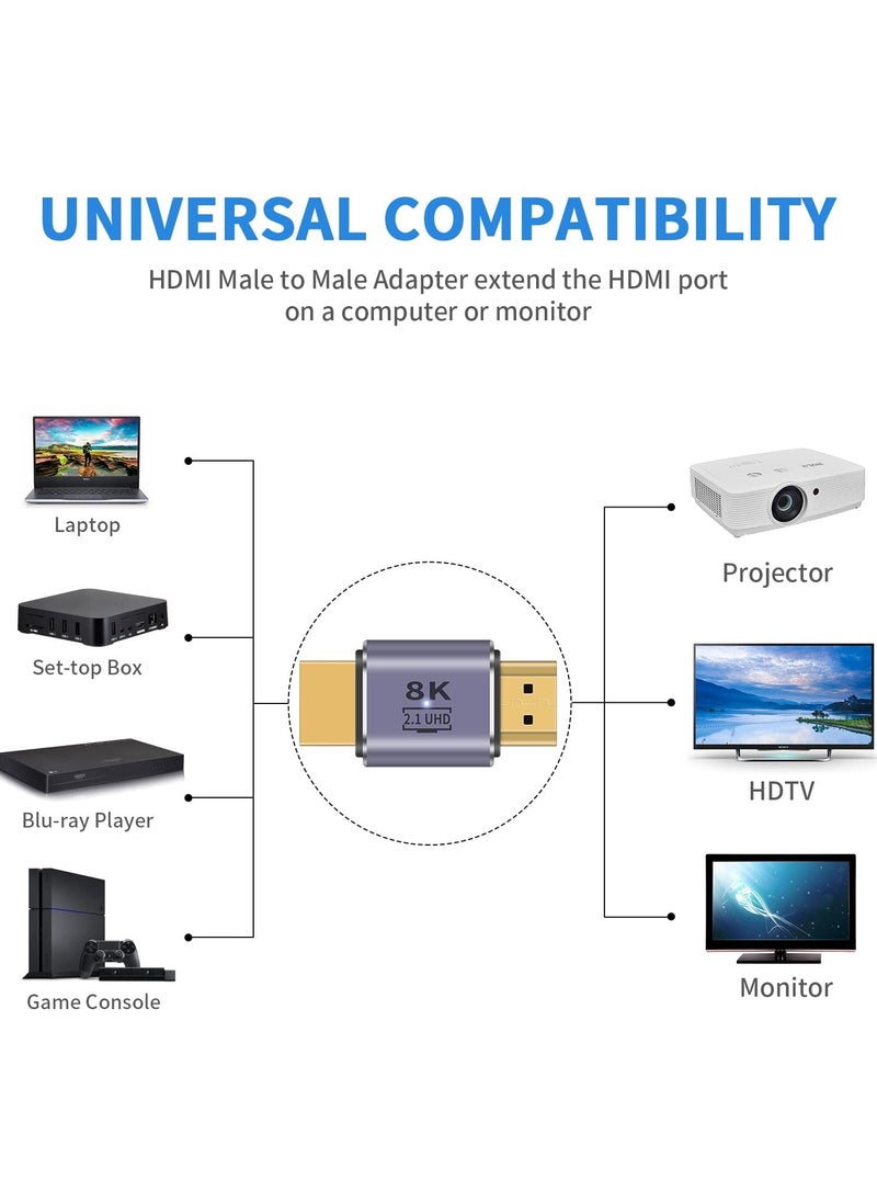 HDMI Male to Male Adapter 8K, 48Gbps HDMI 2.1 Adapter, HDMI to HDMI Adapter UHD, HDMI 2.1 Extender Support 8K@60hz 4K@120Hz HDMI Port, Compatible with HDTV, HDR, ARC Laptop, PC, Video (2Pcs)