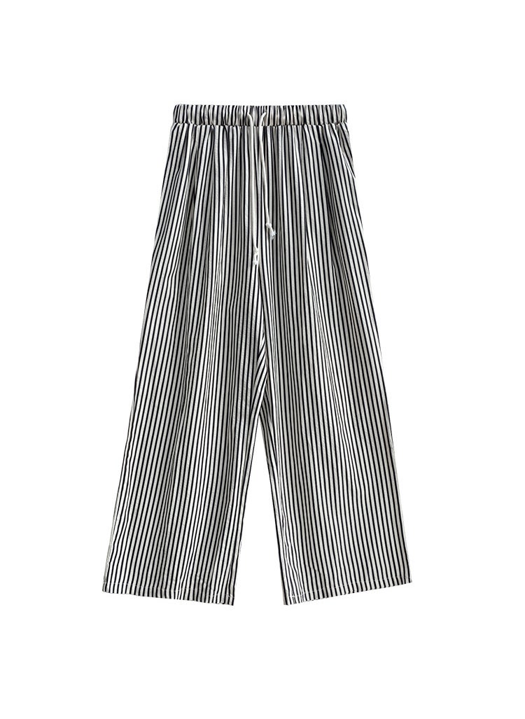 Plus Size Retro Textured Stripe Casual Wide Leg Pants Black and white stripes