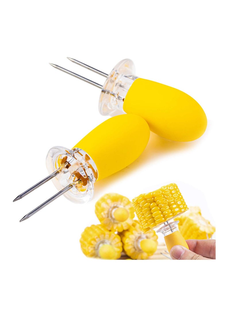 12pcs Corn Cob Skewers Stainless Steel Corn on The Cob Holders Skewers with Silicone Handle BBQ Grill Food Prongs Skewers Forks Party Yellow