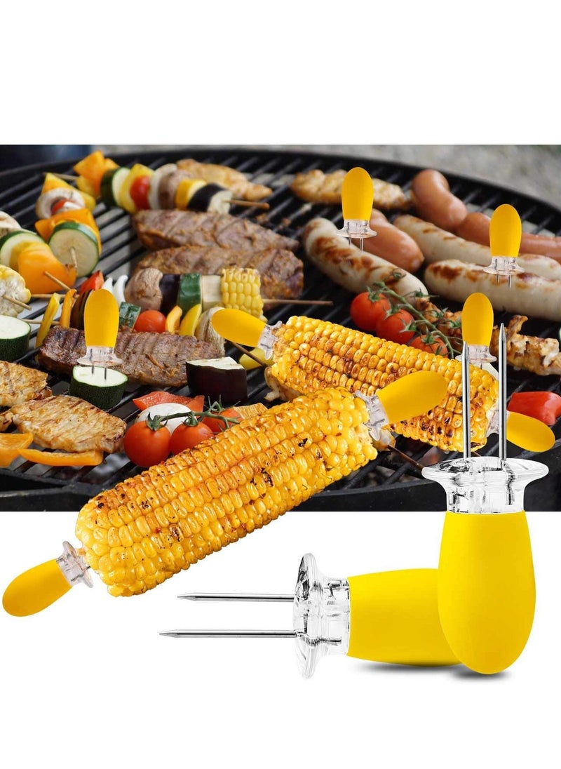 12pcs Corn Cob Skewers Stainless Steel Corn on The Cob Holders Skewers with Silicone Handle BBQ Grill Food Prongs Skewers Forks Party Yellow