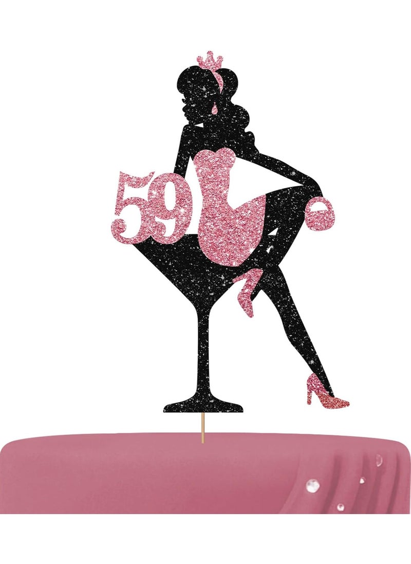 Sitting Girl 59th Birthday Cake Topper, Rose Gold Glitter Lady Girl 59th Birthday Cake Topper for Women, Fifty Nine Birthday Cake Decoration, Makeup High Heel Spa Fashion Themed Party Supplies