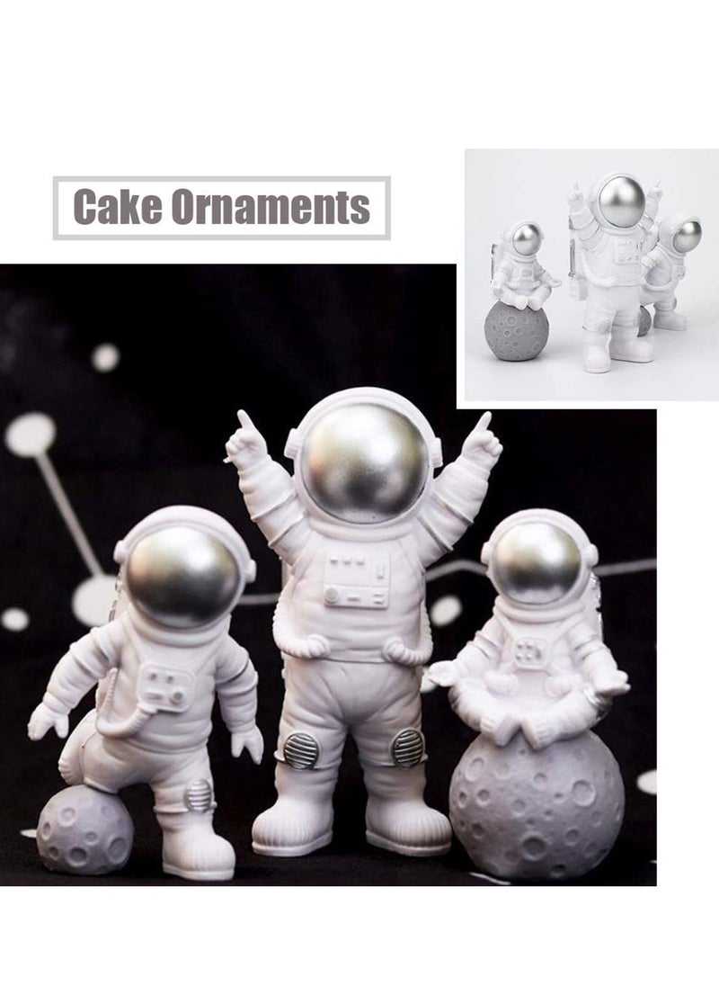 3 Pcs Astronaut Figurines Cake Topper Outer Space Spaceman Action Figure Statue Tabletop Ornament Miniature Astronaut Figures for Outer Space Birthday Cake Decoration, Silver