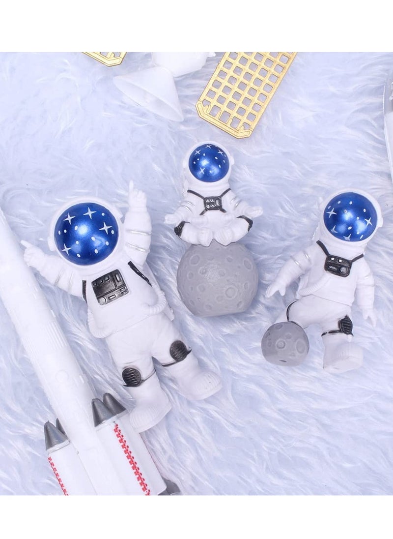 Astronaut Figurines Cake Topper Outer Space Birthday Cake Decoration Spaceman Model Display Miniature Astronaut Toys Set, Planet Rocket Pearl Balls and Star DIY Cake Toppers for Kids Party 4Pcs