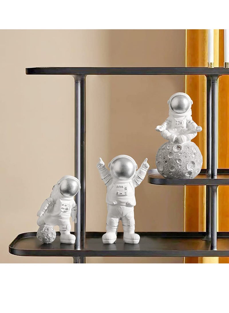 3 Pcs Astronaut Figurines Cake Topper Outer Space Spaceman Action Figure Statue Tabletop Ornament Miniature Astronaut Figures for Outer Space Birthday Cake Decoration, Silver