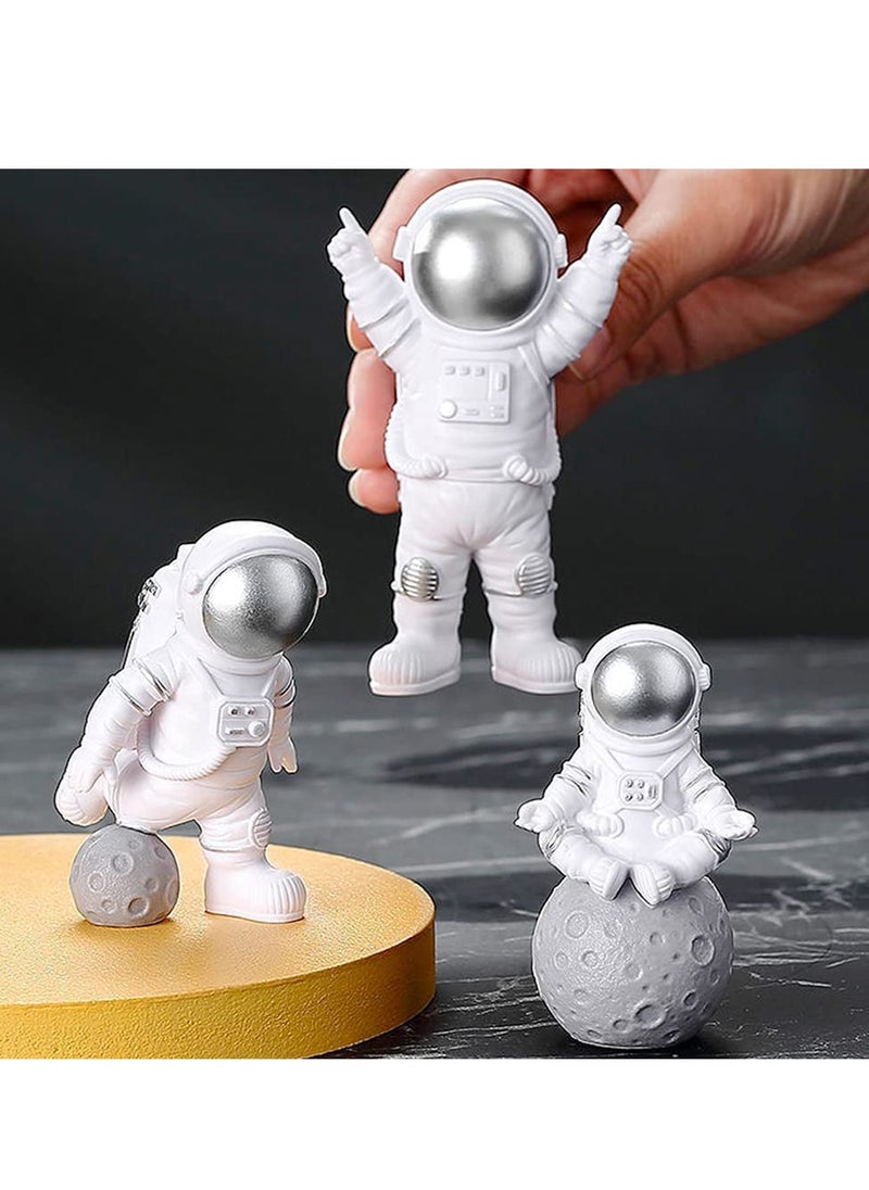 3 Pcs Astronaut Figurines Cake Topper Outer Space Spaceman Action Figure Statue Tabletop Ornament Miniature Astronaut Figures for Outer Space Birthday Cake Decoration, Silver