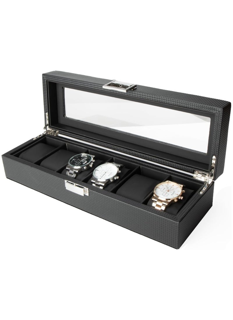 Watch Box for Men - 6 Slot Luxury Carbon Fiber Watch Case, Watch Holder for Men wit Metal Accents & Sturdy Hinges - Modern & Masculine Watch Display Case