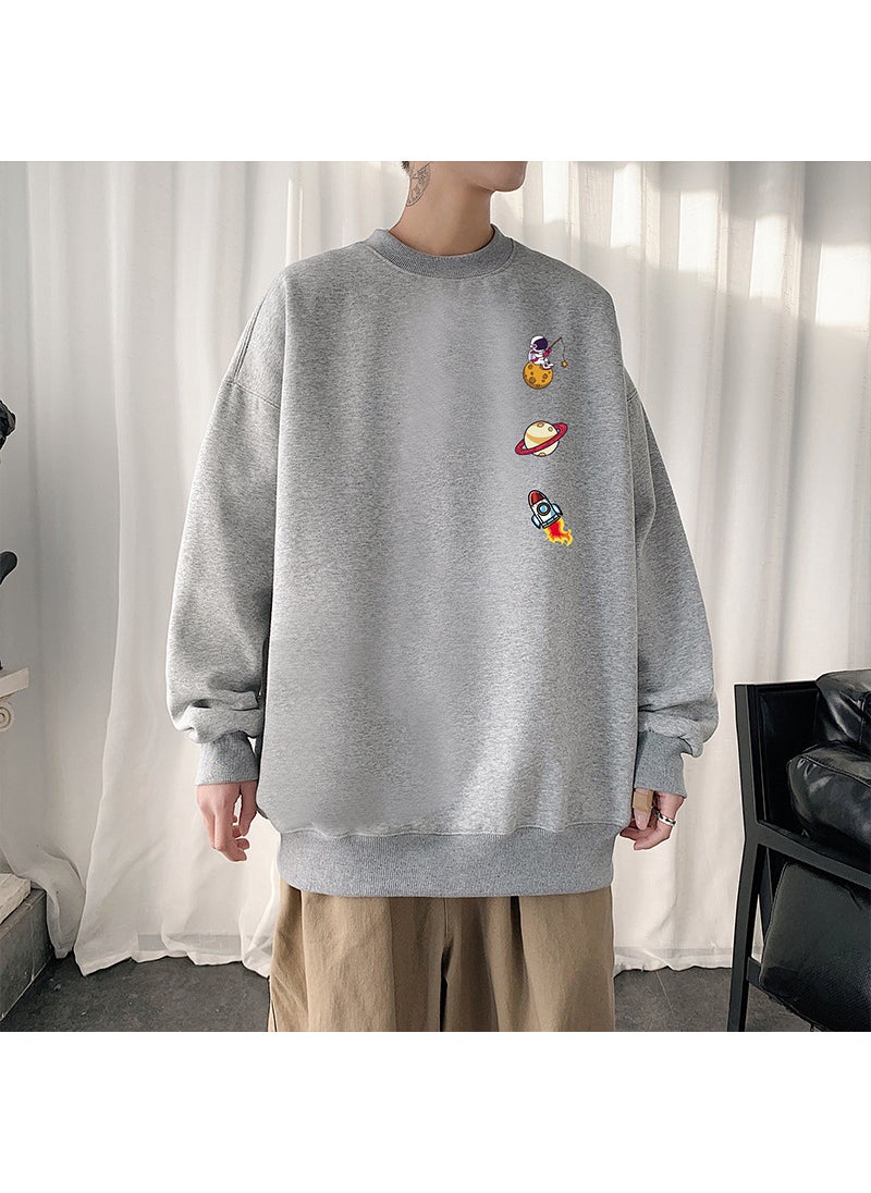 Space Print Sweatshirt Mens Autumn Casual Oversize Light gray