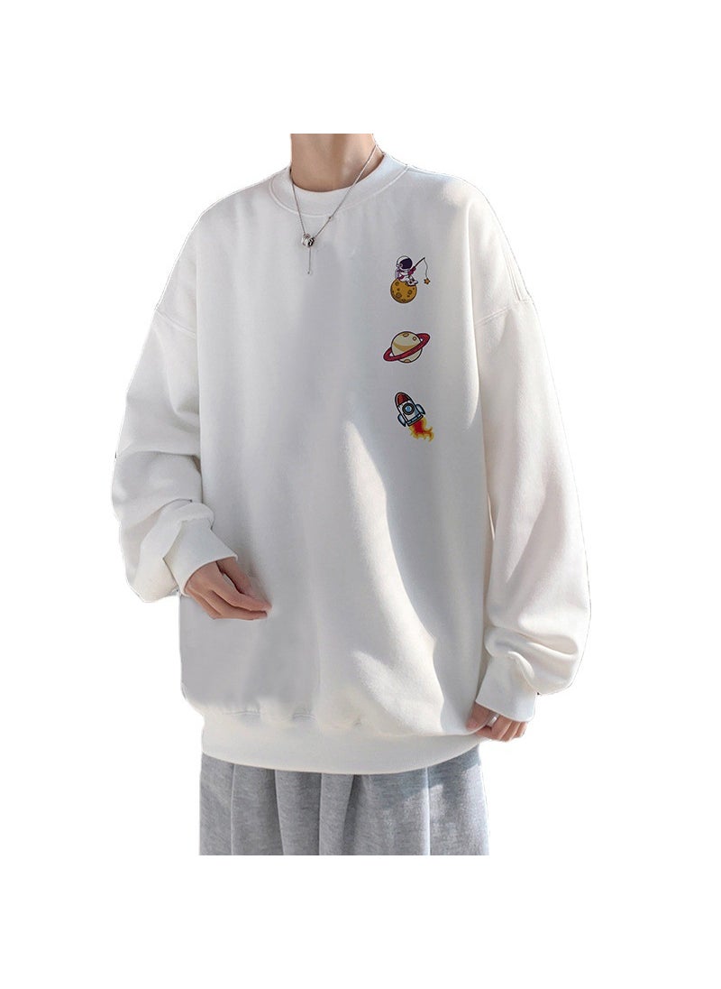 Space Print Sweatshirt Mens Autumn Casual Oversize White