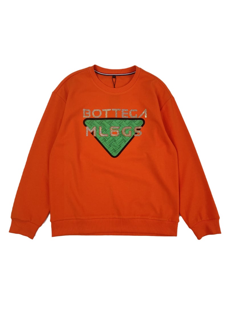 HLIANTAO Mens Sweatshirt Loose Fit Rhinestone Letter Orange Red