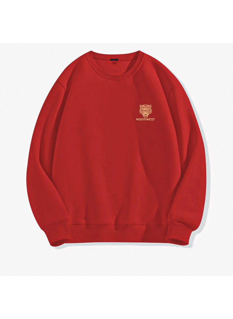 Trendy Autumn Winter Loose Mens Sweatshirt Solid Color Crew Neck Red