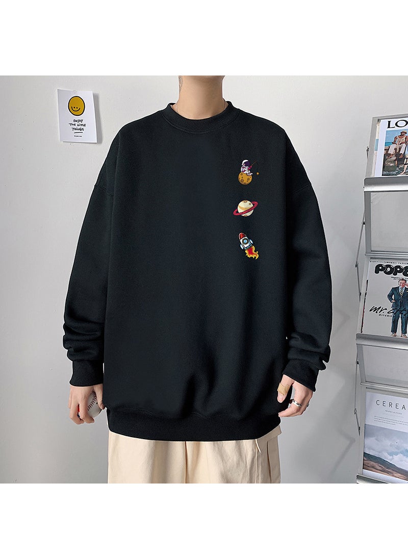 Space Print Sweatshirt Mens Autumn Casual Oversize Black