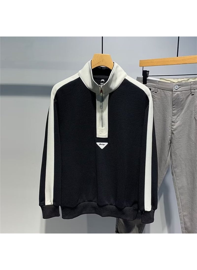 Mens Waffle-Knit Colorblock Slim Polo Sweatshirt Black