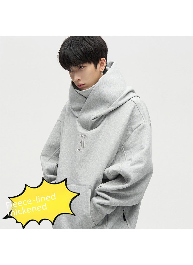 Heavyweight Fleece Hoodie Mens Autumn Winter Oversize Couples Sweatshirt Gray fleece-lined