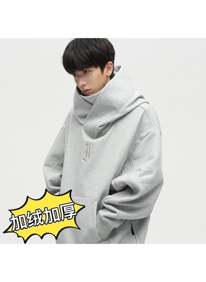 Heavyweight Fleece Hoodie Mens Autumn Winter Oversize Couples Sweatshirt Gray fleece-lined