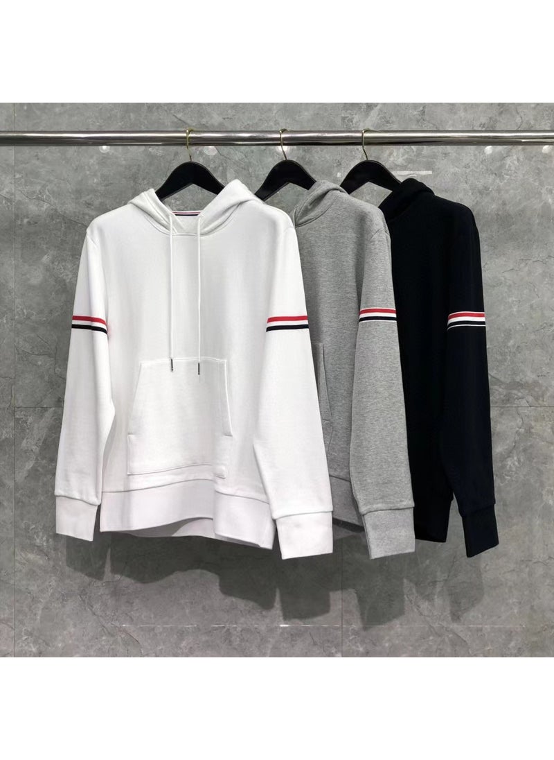 Autumn Winter Classic Hoodie with Sleeve Stripes for Men and Women White