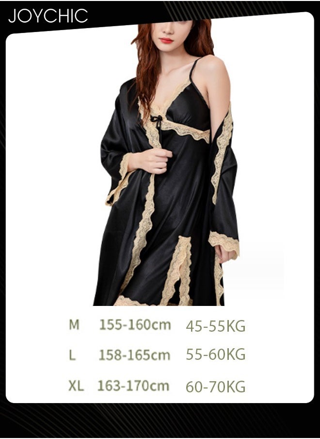 2-piece New Style Ice Silk Mid-length Nightgown for Women Spring and Summer Autumn Lace V-neck Pajamas  Bedroom Home Wear Black