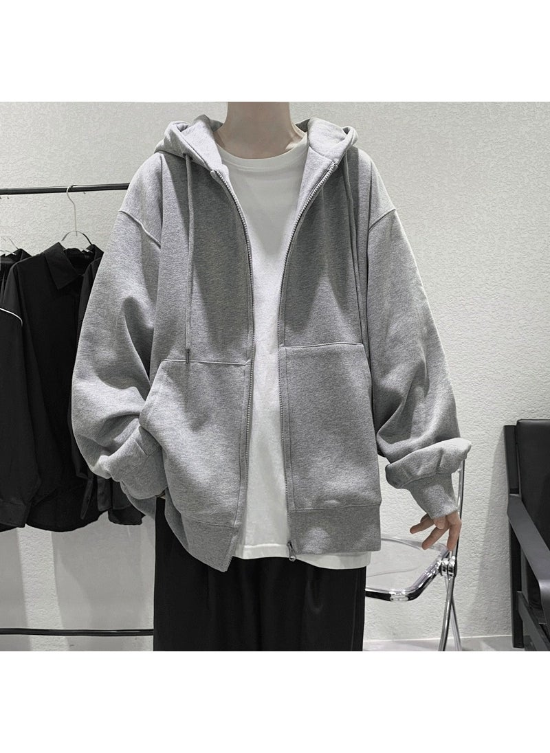 Mens Casual Solid Hoodie Vintage Spring Autumn Jacket Gray