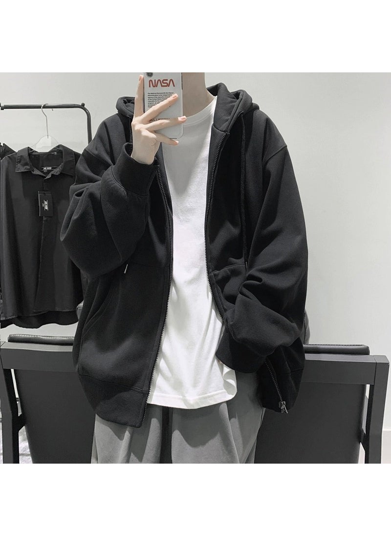 Mens Casual Solid Hoodie Vintage Spring Autumn Jacket Gray