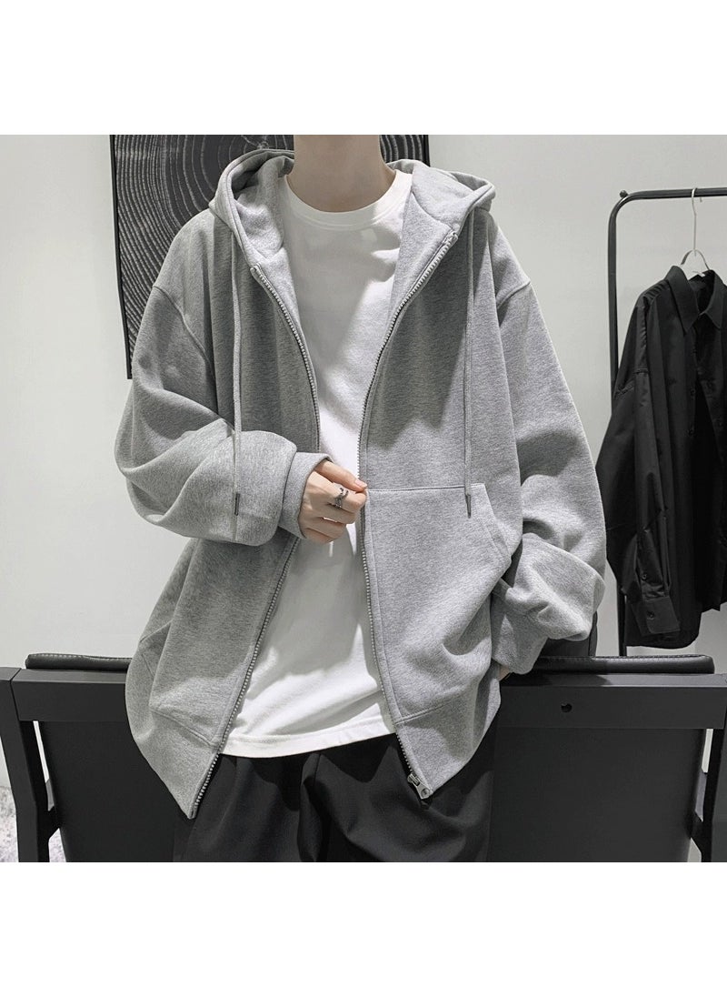 Mens Casual Solid Hoodie Vintage Spring Autumn Jacket Gray