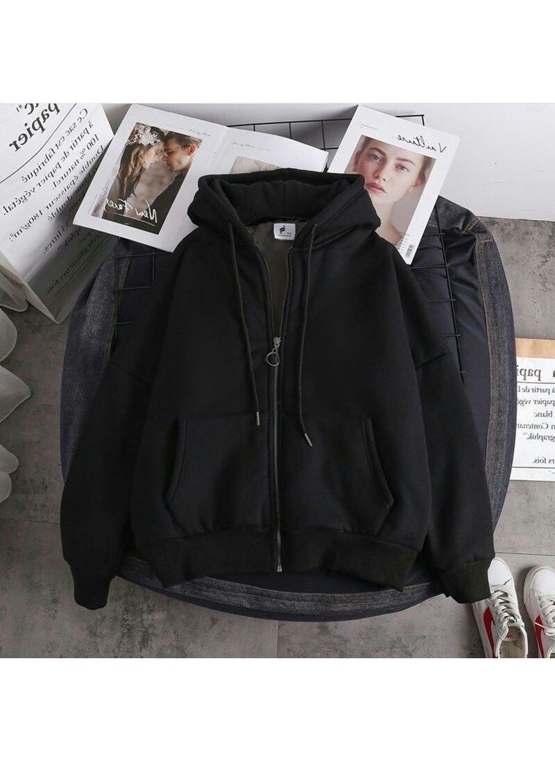 Japanese Zip Hoodie Mens Trendy Casual Jacket Black (plus thin velvet)