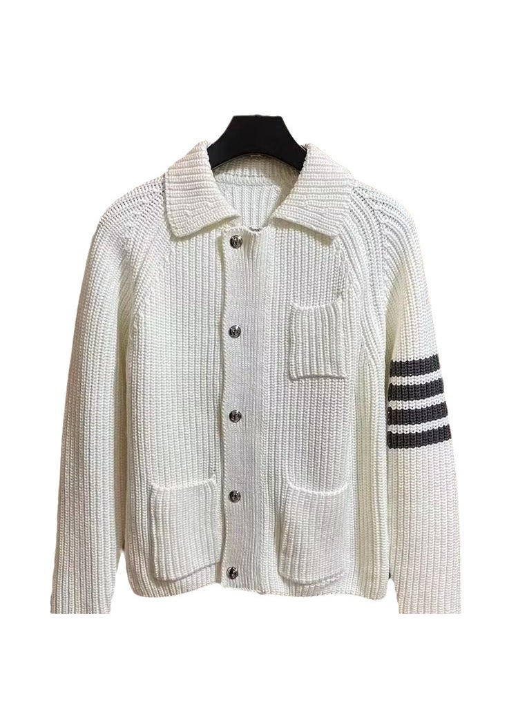 Cotton Thickened Korean Jacket Unisex Zip-Up Wool Cardigan White