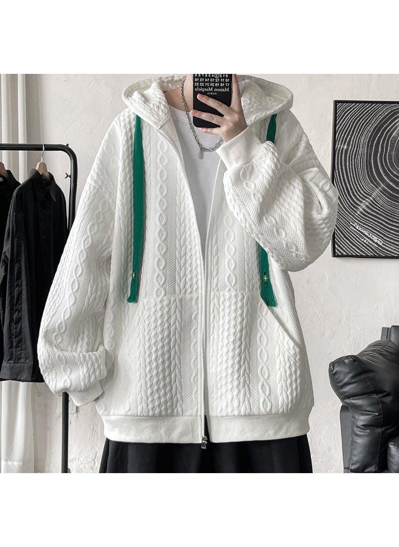 Hooded Sweatshirt Men 2023 Autumn Oversized Casual Trendy Cardigan Jacket White