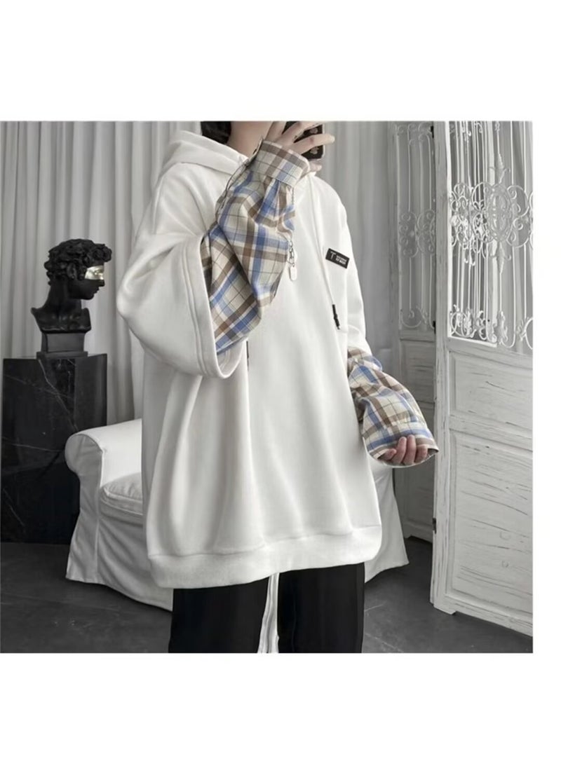 Mens Hoodie Autumn Winter Korean Trendy Casual Layered Thick Velvet Coat White (regular style)