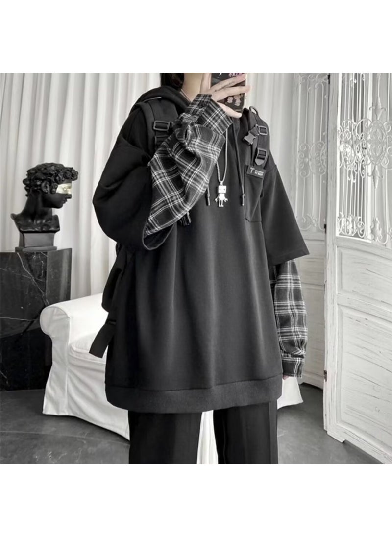 Mens Hoodie Autumn Winter Korean Trendy Casual Layered Thick Velvet Coat Black (regular models)