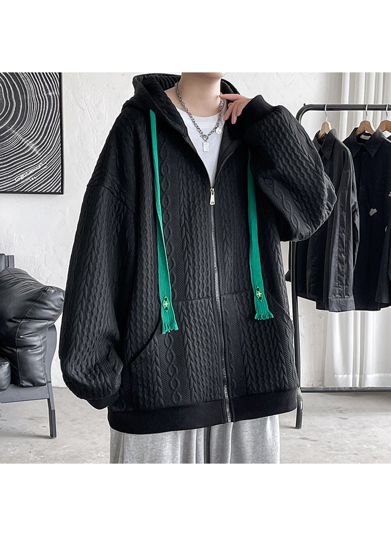 Hooded Sweatshirt Men 2023 Autumn Oversized Casual Trendy Cardigan Jacket Black