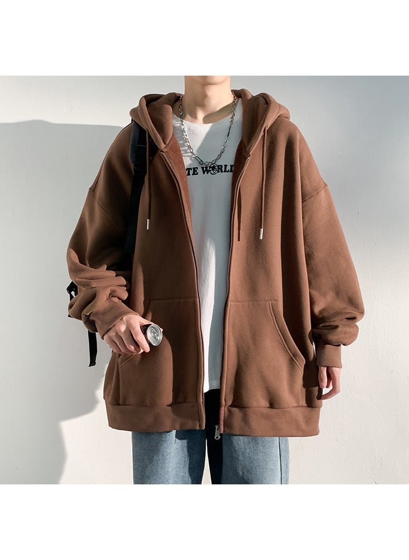 2022 Autumn Winter Mens Hooded Cardigan Sweatshirt Casual Loose Fit Zip-Up Jacket Caramel