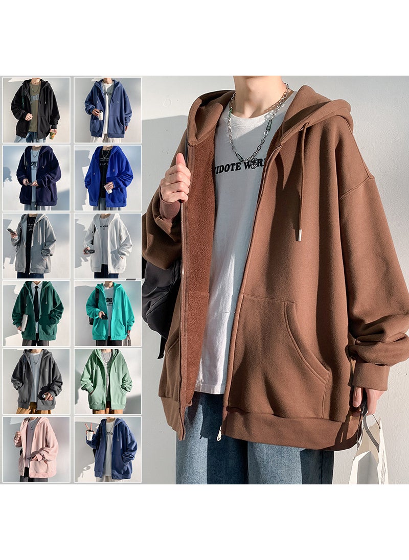 2022 Autumn Winter Mens Hooded Cardigan Sweatshirt Casual Loose Fit Zip-Up Jacket Caramel