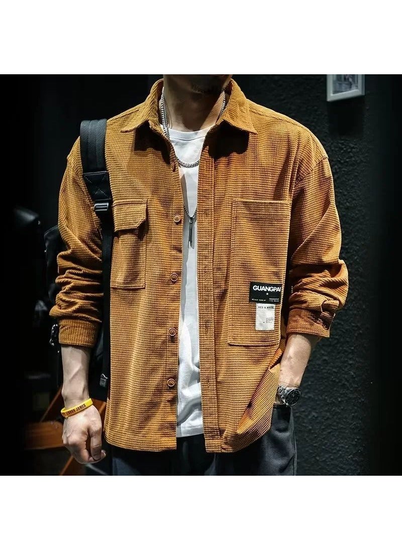 Mens Plaid Work Shirt Loose Jacket Casual Retro Long Sleeve Apricot