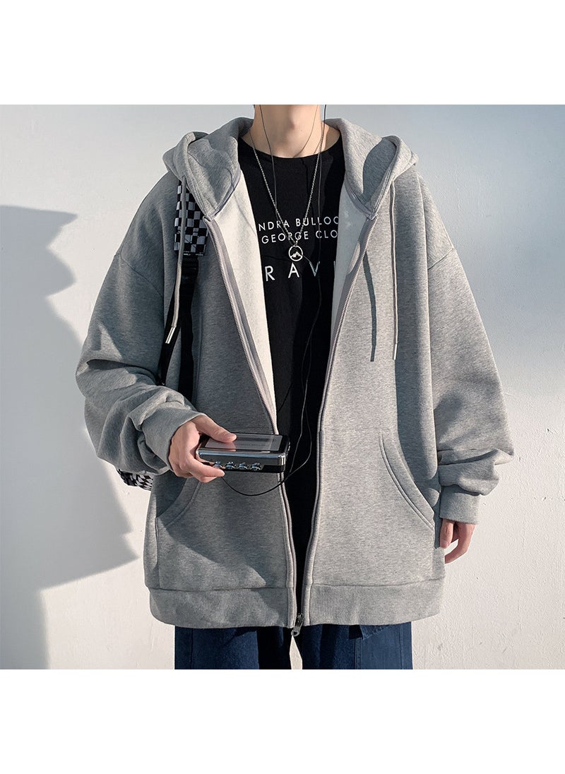 2022 Autumn Winter Mens Hooded Cardigan Sweatshirt Casual Loose Fit Zip-Up Jacket Light gray