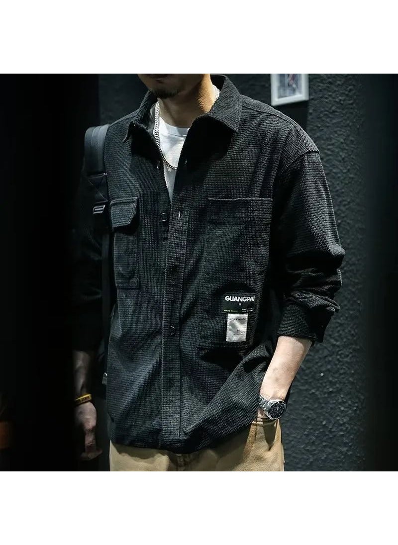 Mens Plaid Work Shirt Loose Jacket Casual Retro Long Sleeve Black