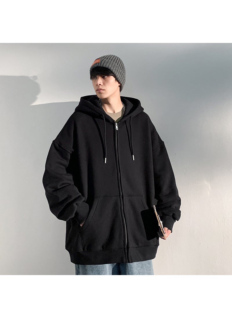 2022 Autumn Winter Mens Hooded Cardigan Sweatshirt Casual Loose Fit Zip-Up Jacket Black fleece-lined