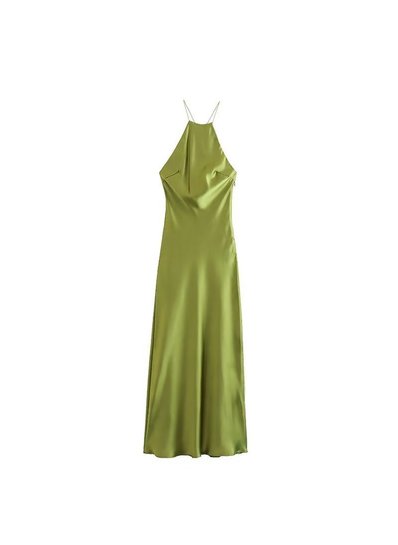 2023 Summer Satin Slip Dress Womens Fashion Army Green