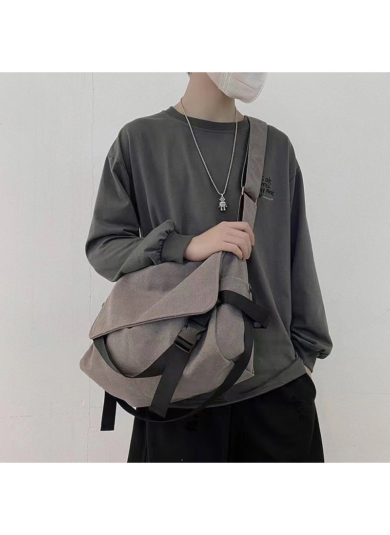 Canvas Messenger Bag Large Capacity Retro Casual Mens Shoulder BagBuckle ribbon Gray Buckle ribbon Gray