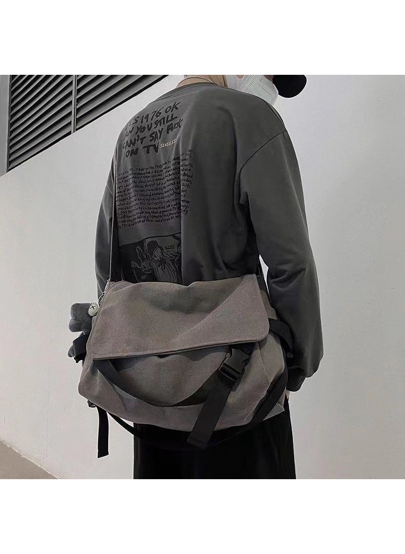 Canvas Messenger Bag Large Capacity Retro Casual Mens Shoulder BagBuckle ribbon Gray + frog pendant Buckle ribbon Gray + frog pendant