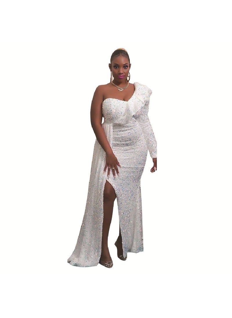 2024 Winter African Fashion Sequined One-Shoulder Bridesmaid Dress White