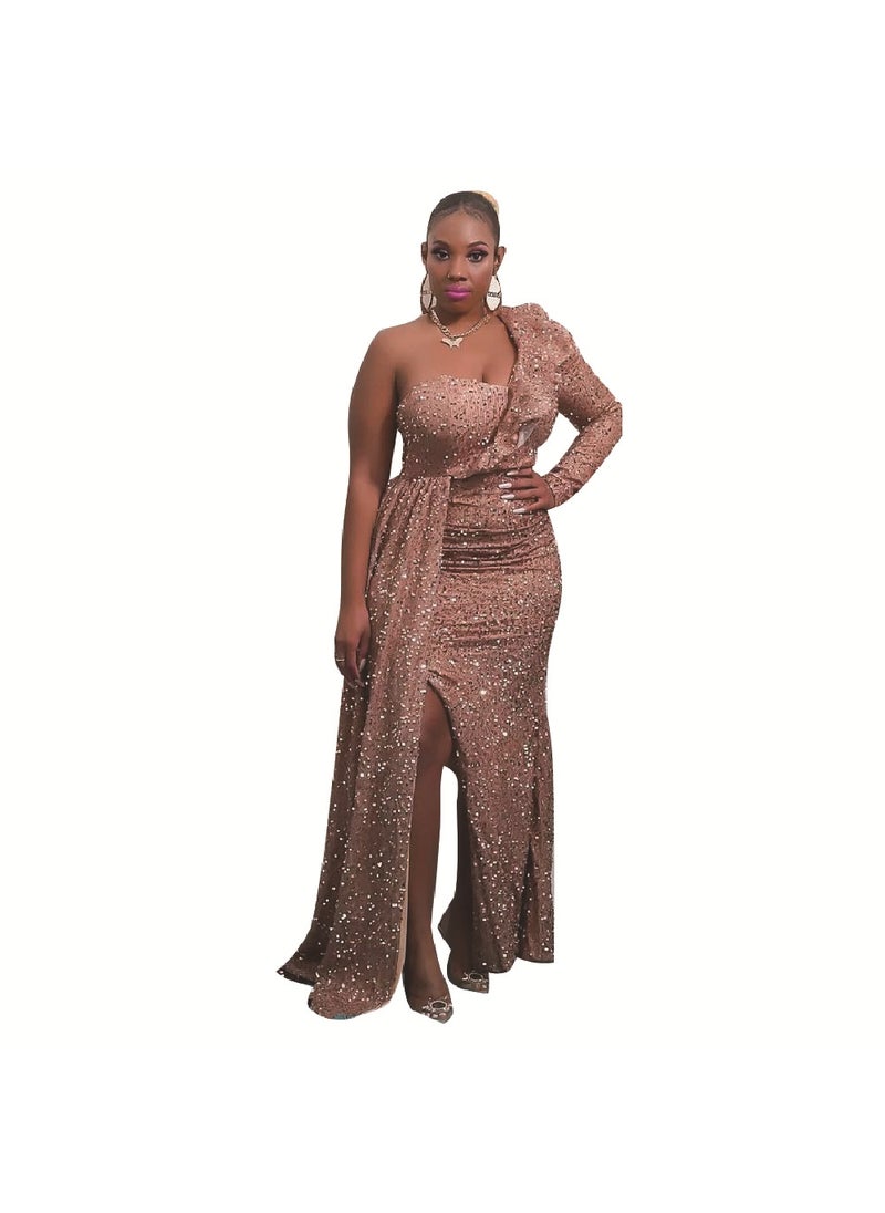 2024 Winter African Fashion Sequined One-Shoulder Bridesmaid Dress Black