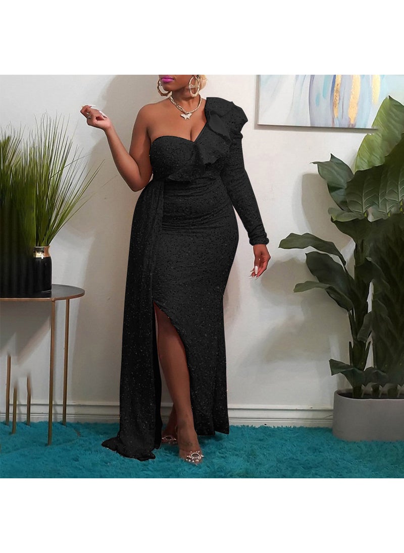 2024 Winter African Fashion Sequined One-Shoulder Bridesmaid Dress Black