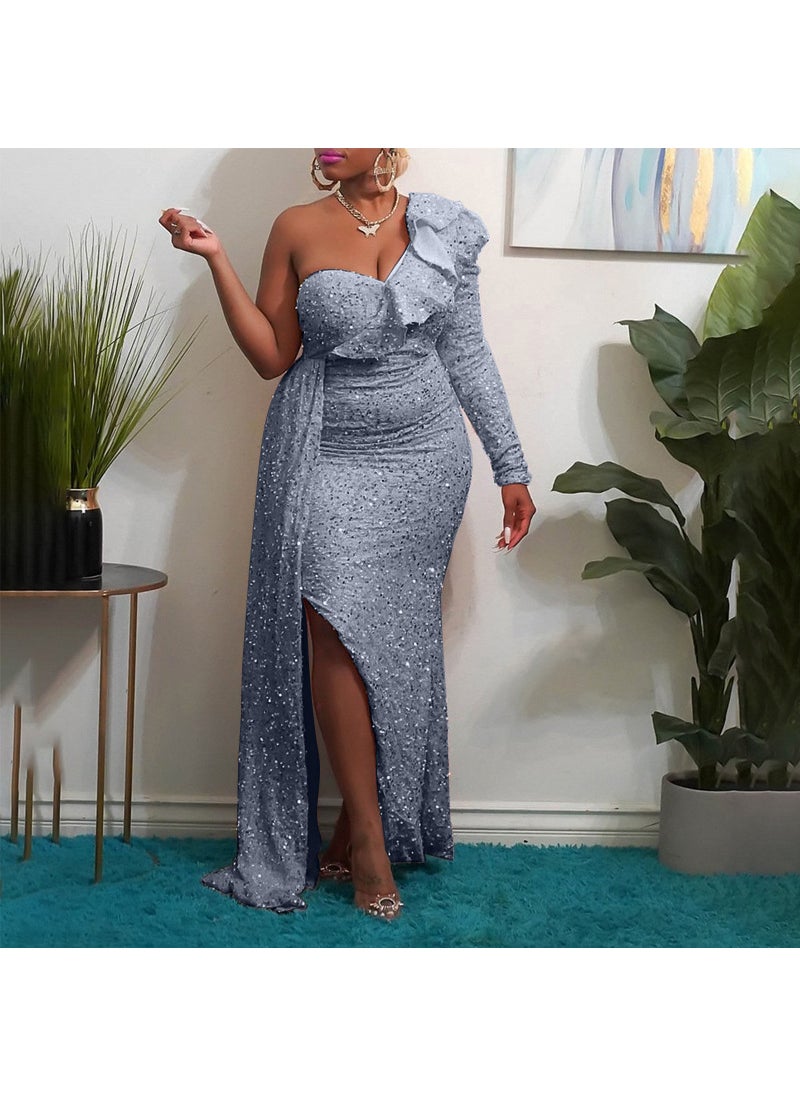 2024 Winter African Fashion Sequined One-Shoulder Bridesmaid Dress Grey