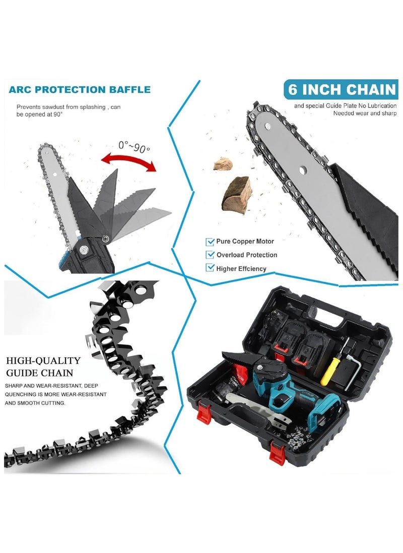 6-Inch Cordless Electric Chain Saw with High-Power Lithium Battery Rechargeable Handheld Outdoor Logging and Working Saw