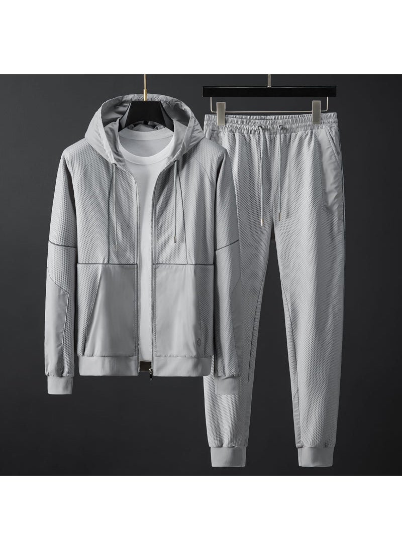 2024 Mens Casual Sports Suit Hooded Elastic Fashion Set Light gray